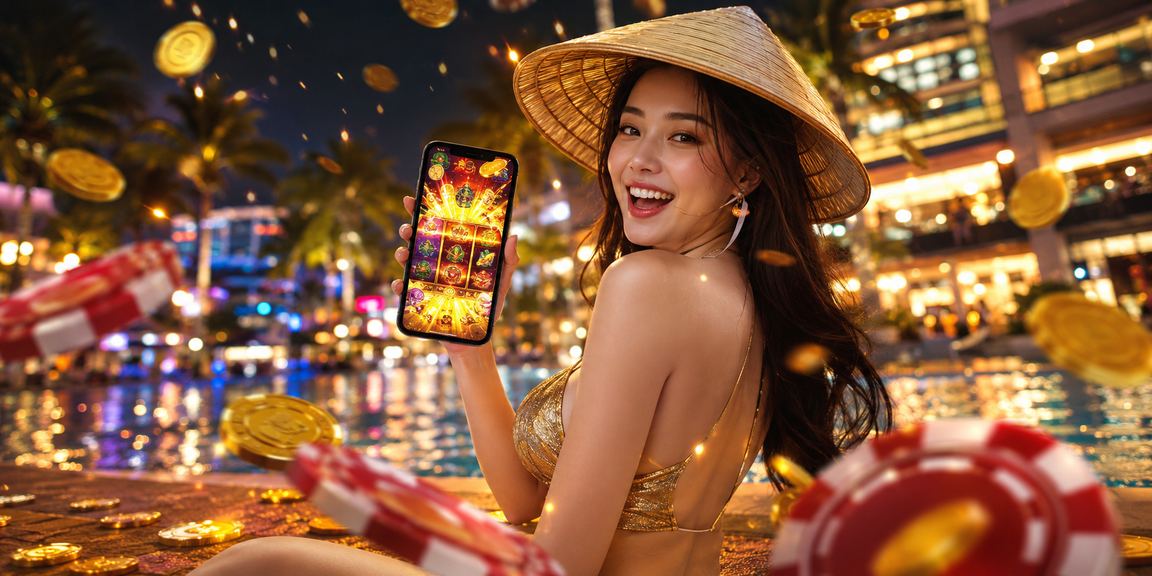 Người chơi slot game tại Phú Quốc với nón lá truyền thống, không khí giải trí buổi tối